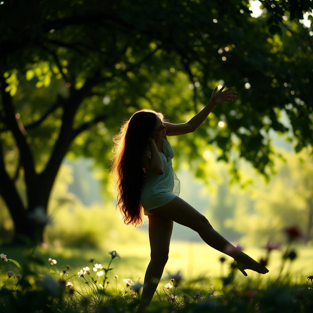 A beautifully serene scene featuring a young woman in an artistic pose, gracefully positioned in a tranquil natural setting surrounded by soft sunlight filtering through lush green trees