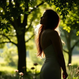 A beautifully serene scene featuring a young woman in an artistic pose, gracefully positioned in a tranquil natural setting surrounded by soft sunlight filtering through lush green trees