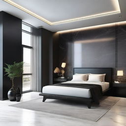 A modern-style bedroom, bathed in soft light, features a plush dark bed and lustrous black marble accents.