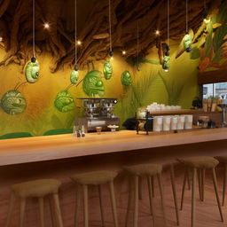 A unique, green-themed cafe heavily inspired by grasshoppers. Earthy tones dominate the space with grasshopper sculptures on display, tables imprinted with leaf textures and espresso machines echoing a bug's design. Pendant lights resemble grasshoppers, with coffee-themed artwork featuring these insects.