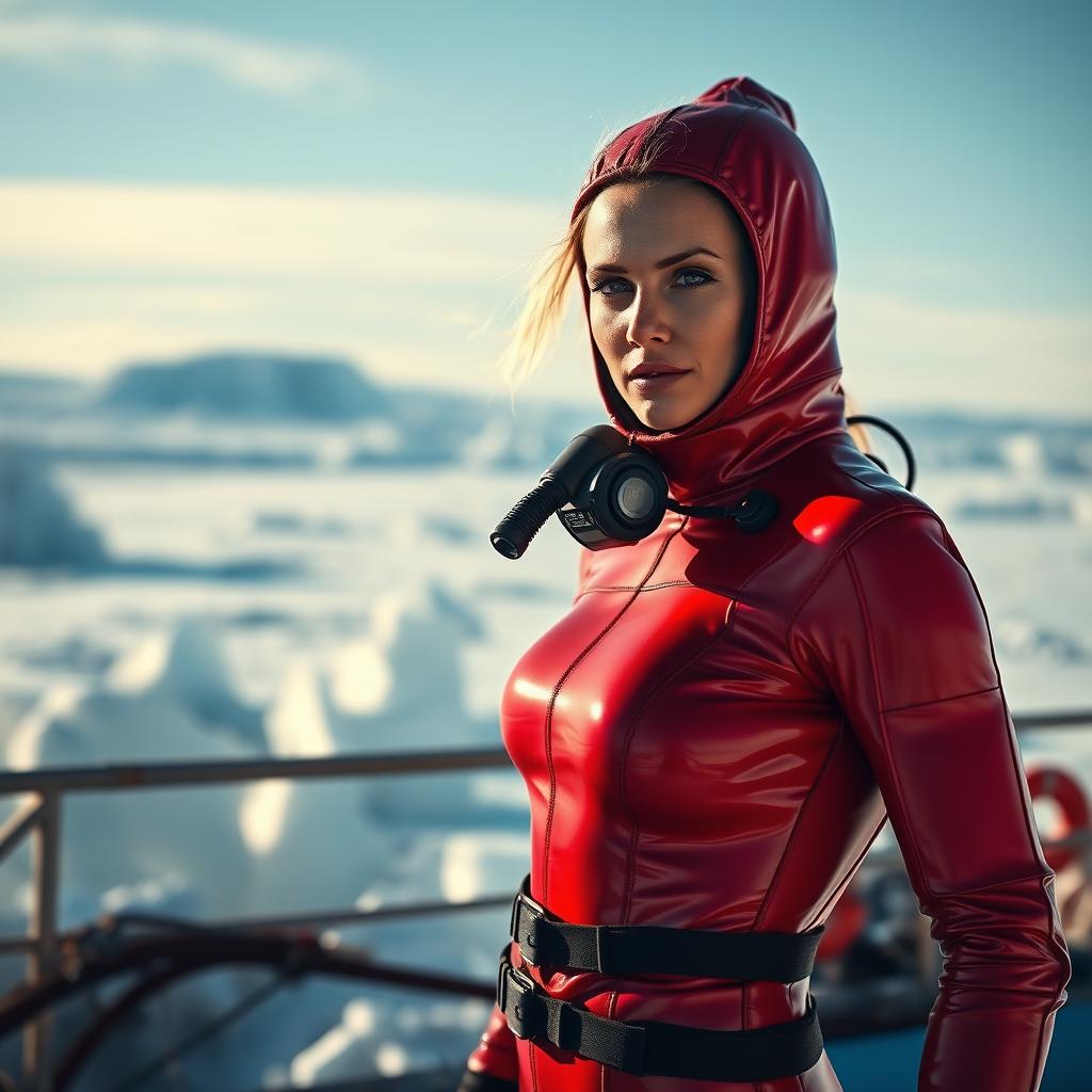 A hot woman dressed in a form-fitting, shiny red cold water immersion suit that accentuates her silhouette, perfectly designed for cold environments