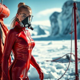 A hot woman dressed in a form-fitting, shiny red cold water immersion suit that accentuates her silhouette, perfectly designed for cold environments