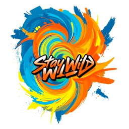 A stunning graphic t-shirt design featuring an abstract blend of vibrant colors including deep blues, fiery oranges, and bright yellows, merging seamlessly to create a mesmerizing swirl effect