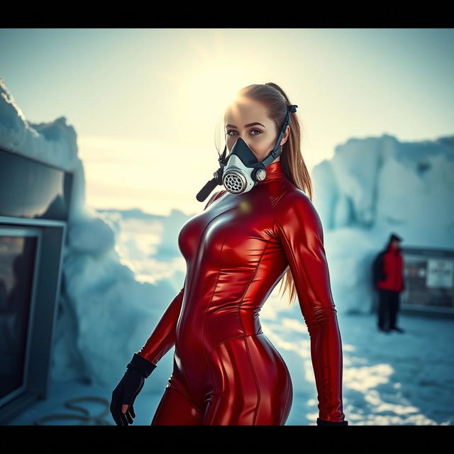 A hot woman dressed in a sleek, shiny red cold water immersion suit that hugs her body perfectly