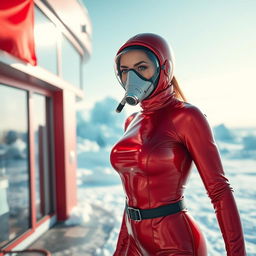 A hot woman dressed in a sleek, shiny red cold water immersion suit that hugs her body perfectly