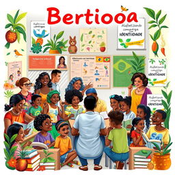 A vibrant and colorful scene depicting the essence of Bertioga, Brazil, illustrated with elements representing its culture and educational initiatives