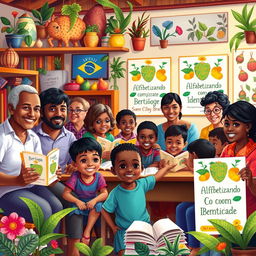 A vibrant and colorful scene depicting the essence of Bertioga, Brazil, illustrated with elements representing its culture and educational initiatives