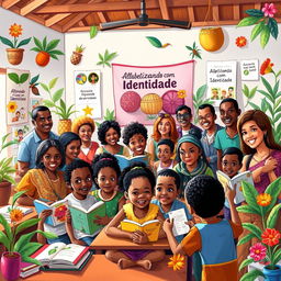 A vibrant and colorful scene depicting the essence of Bertioga, Brazil, illustrated with elements representing its culture and educational initiatives