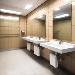 A public bathroom of extraordinary cleanliness, presented in photorealistic detail