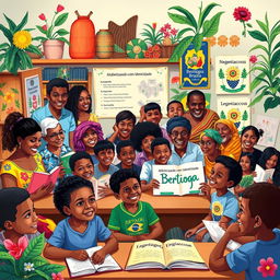 A vibrant and colorful scene depicting the essence of Bertioga, Brazil, illustrated with elements representing its culture and educational initiatives