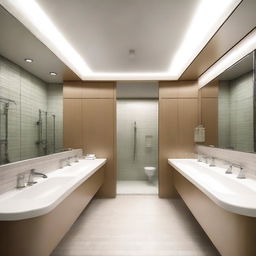 A public bathroom of extraordinary cleanliness, presented in photorealistic detail