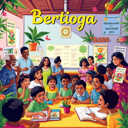 A vibrant and colorful scene depicting the essence of Bertioga, Brazil, illustrated with elements representing its culture and educational initiatives