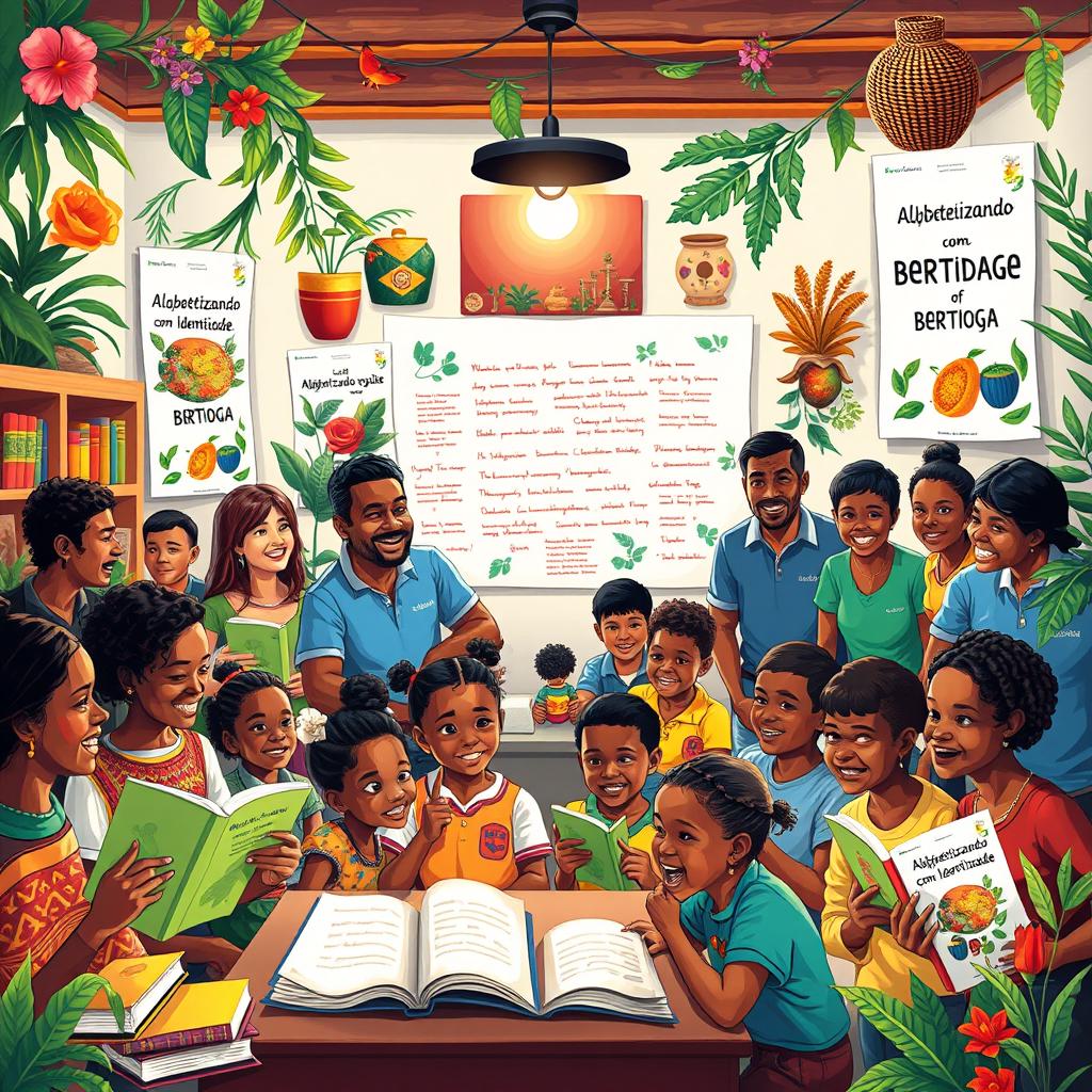 A vibrant and colorful scene depicting the essence of Bertioga, Brazil, illustrated with elements representing its culture and educational initiatives