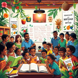 A vibrant and colorful scene depicting the essence of Bertioga, Brazil, illustrated with elements representing its culture and educational initiatives