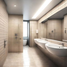 A public bathroom of extraordinary cleanliness, presented in photorealistic detail