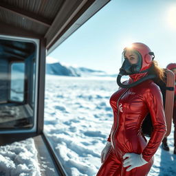 A hot woman dressed in a shiny red cold water immersion suit that elegantly fits her silhouette