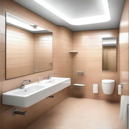 A public bathroom of extraordinary cleanliness, presented in photorealistic detail