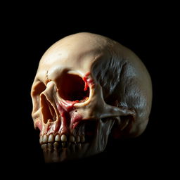 A striking close-up image of a skull partially covered in flesh, showcasing the intricate details of the bones and the texture of the flesh merging together