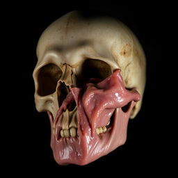 A striking close-up image of a skull partially covered in flesh, showcasing the intricate details of the bones and the texture of the flesh merging together