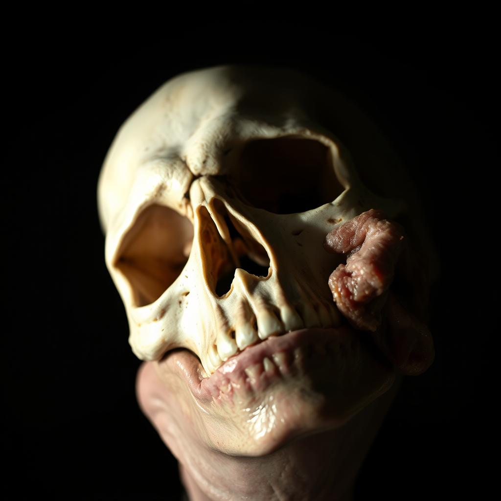 A striking close-up image of a skull partially covered in flesh, showcasing the intricate details of the bones and the texture of the flesh merging together