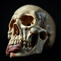 A striking close-up image of a skull partially covered in flesh, showcasing the intricate details of the bones and the texture of the flesh merging together