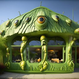 An exterior elevation view of a whimsical grasshopper-themed cafe, with grasshopper sculptures adorning the building. The facade should be in vibrant shades of green with leaf-inspired architectural features and windows resembling insect eyes. The signage also reflects the bug theme.