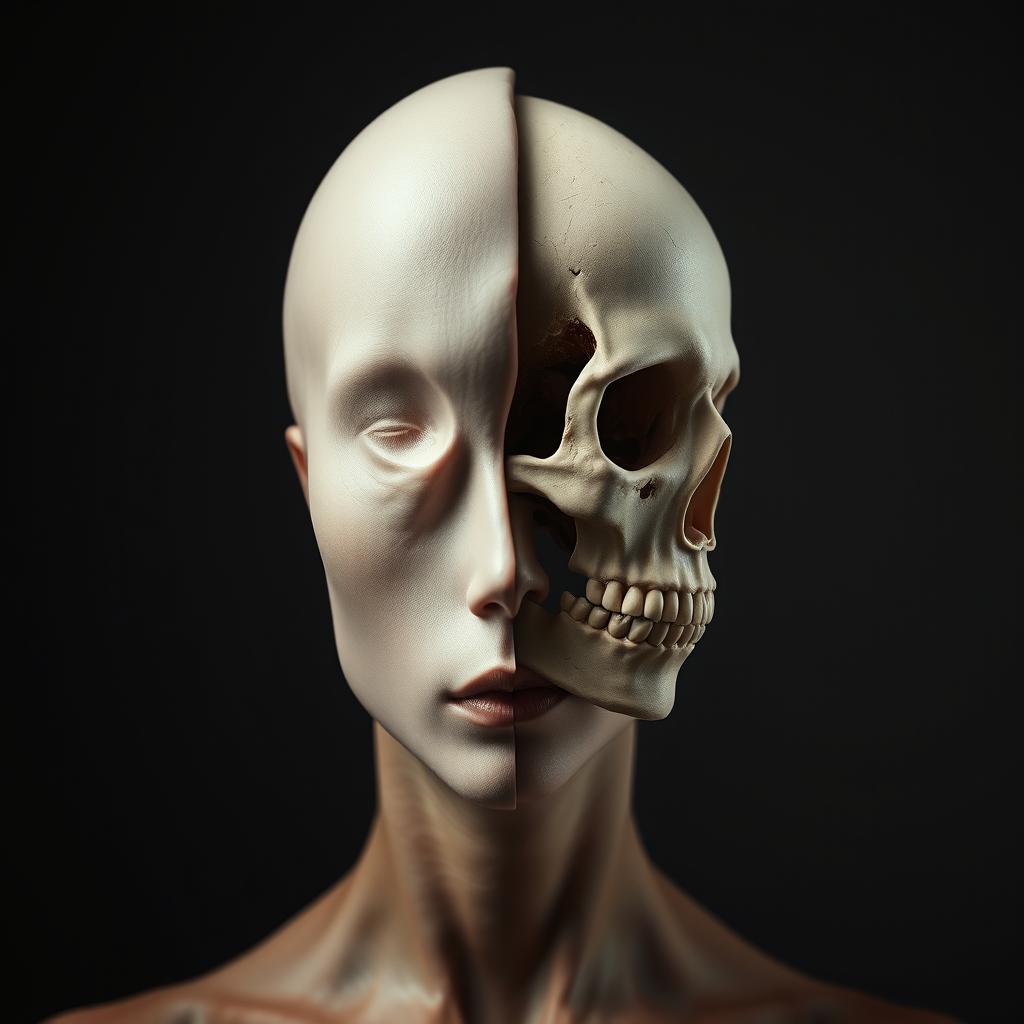 A striking and surreal portrait of a figure with the left half resembling smooth, organic flesh and the right half depicting an intricate human skull