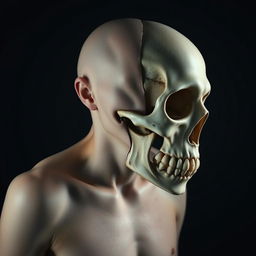 A striking and surreal portrait of a figure with the left half resembling smooth, organic flesh and the right half depicting an intricate human skull
