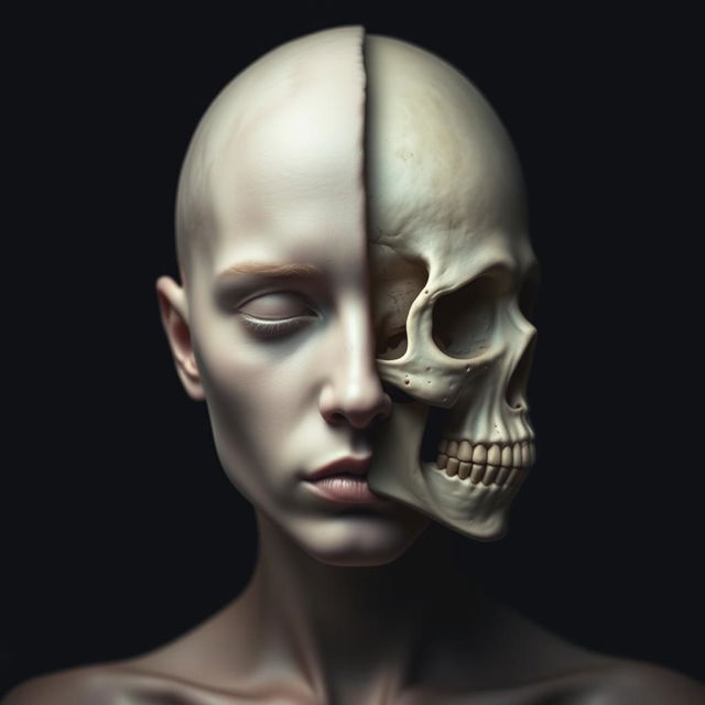 A striking and surreal portrait of a figure with the left half resembling smooth, organic flesh and the right half depicting an intricate human skull