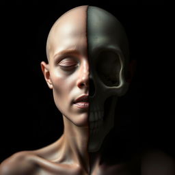 A striking and surreal portrait of a figure with the left half resembling smooth, organic flesh and the right half depicting an intricate human skull