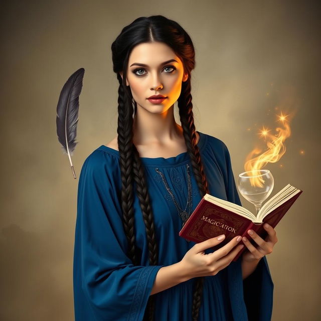 Create an image of a woman with braids, wearing a blue dress and having black hair