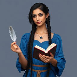 Create an image of a woman with braids, wearing a blue dress and having black hair