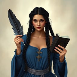 Create an image of a woman with braids, wearing a blue dress and having black hair