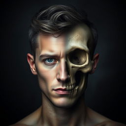 A striking portrait of a 27-year-old man with a unique and dramatic design