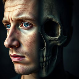A striking portrait of a 27-year-old man with a unique and dramatic design