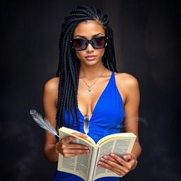 A beautiful woman with many braids of black hair, wearing stylish black sunglasses