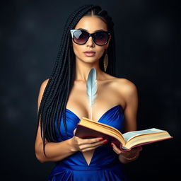 A beautiful woman with many braids of black hair, wearing stylish black sunglasses