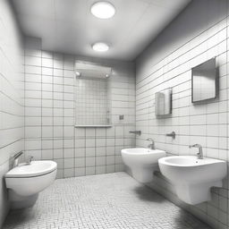 Capture in photorealistic detail the exceptionally pristine condition of a public bathroom, complete with urinals and toilet stalls