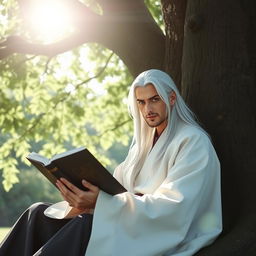 A man with long white hair and striking blue eyes, dressed in a traditional white Hanfu, sitting under a large tree