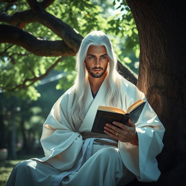 A man with long white hair and striking blue eyes, dressed in a traditional white Hanfu, sitting under a large tree