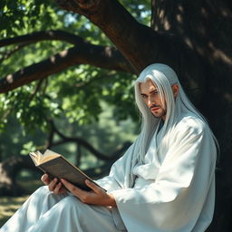 A man with long white hair and striking blue eyes, dressed in a traditional white Hanfu, sitting under a large tree