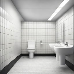 Capture in photorealistic detail the exceptionally pristine condition of a public bathroom, complete with urinals and toilet stalls