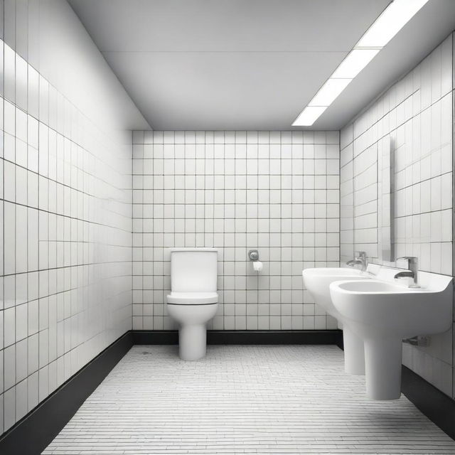 Capture in photorealistic detail the exceptionally pristine condition of a public bathroom, complete with urinals and toilet stalls