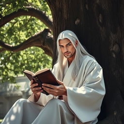 A man with long white hair and striking blue eyes, dressed in a traditional white Hanfu, sitting under a large tree