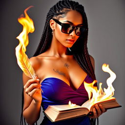 A stunning woman with many braids of black hair and brunette skin, wearing stylish black sunglasses