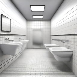 Capture in photorealistic detail the exceptionally pristine condition of a public bathroom, complete with urinals and toilet stalls