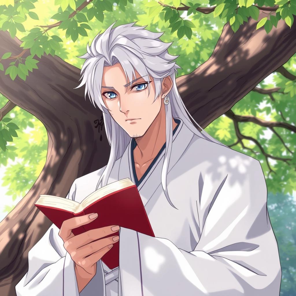 A clean-shaven man with long white hair and striking blue eyes, dressed in a white traditional Chinese Hanfu, displaying a cold expression as he reads a book under a tree