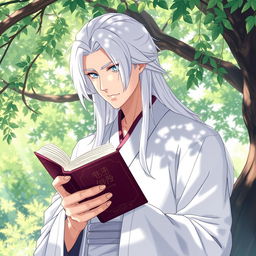 A clean-shaven man with long white hair and striking blue eyes, dressed in a white traditional Chinese Hanfu, displaying a cold expression as he reads a book under a tree