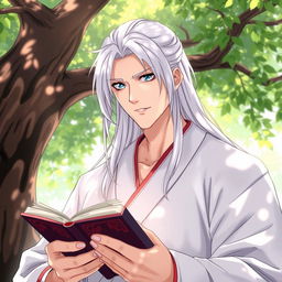 A clean-shaven man with long white hair and striking blue eyes, dressed in a white traditional Chinese Hanfu, displaying a cold expression as he reads a book under a tree