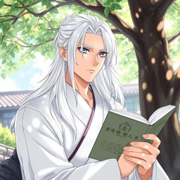 A clean-shaven man with long white hair and striking blue eyes, dressed in a white traditional Chinese Hanfu, displaying a cold expression as he reads a book under a tree